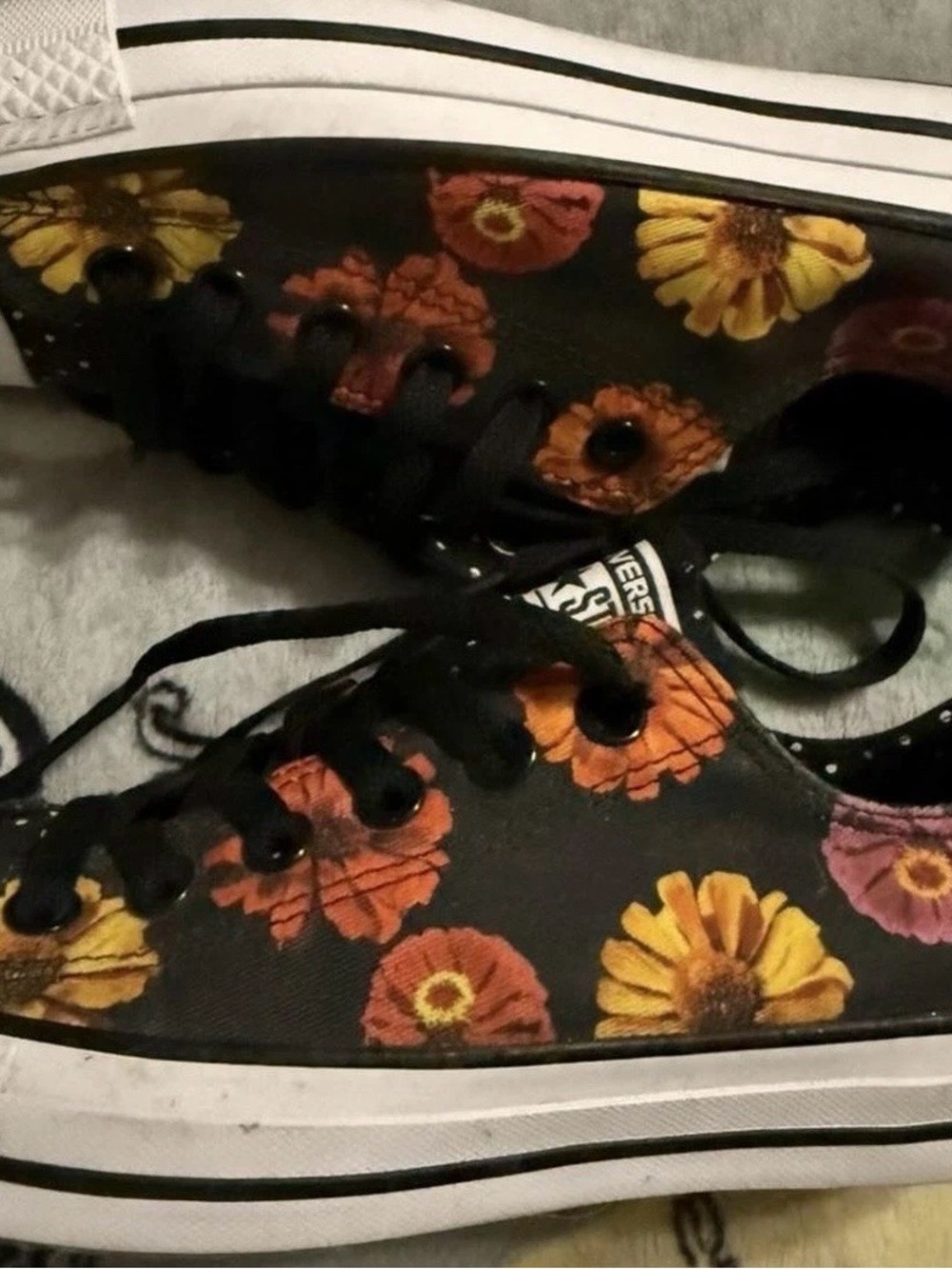 Converse Black Low-Top Sneakers with Orange, Yellow & Pink Floral Print - Picture 2 of 6